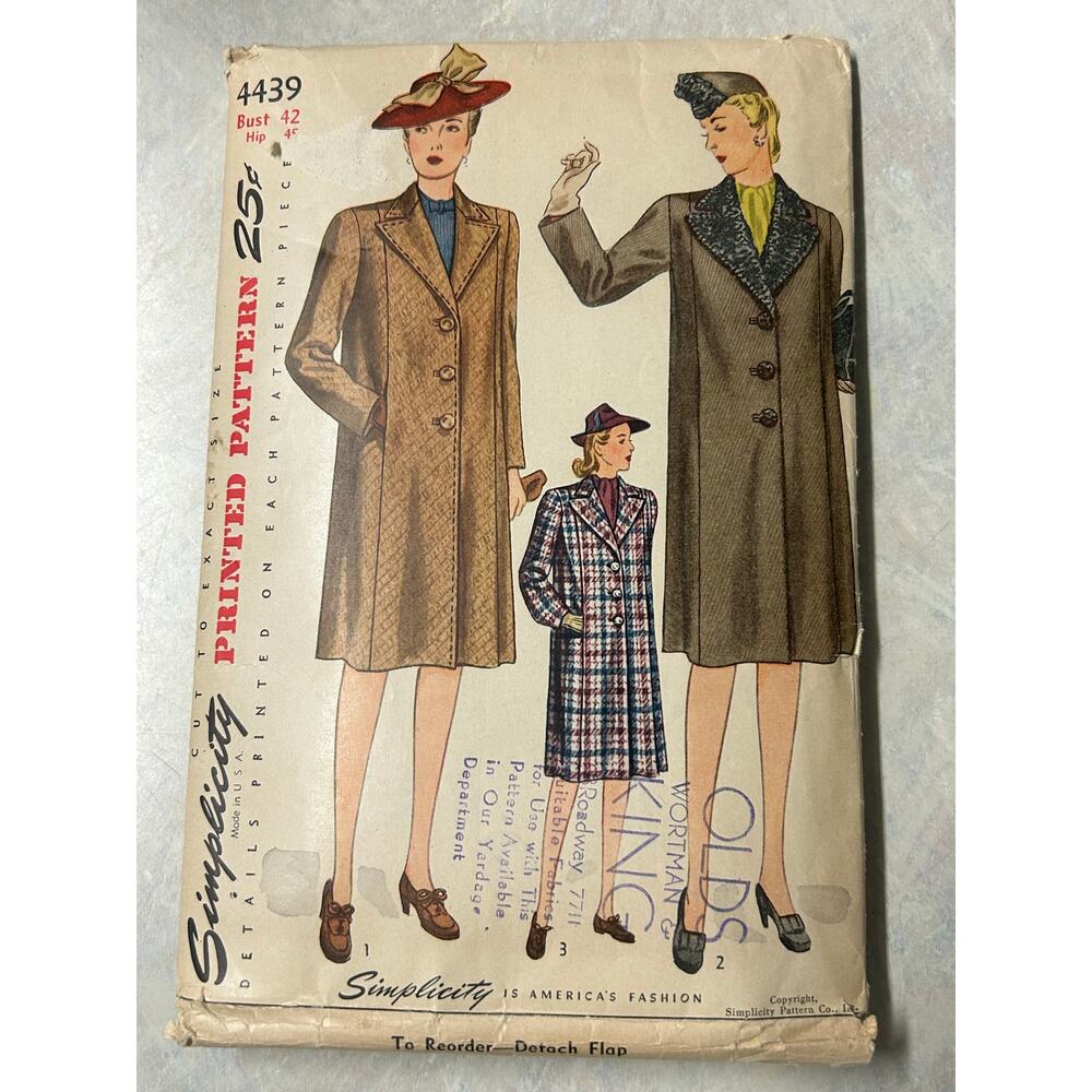 Vintage 30-s-40's Simplicity‎ Pattern #4439 Women's Coat Size 42 HTF RARE